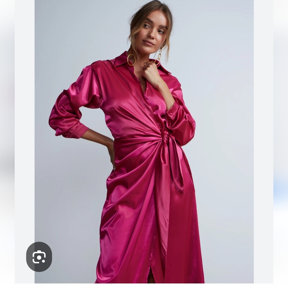 NWT Elegant Pink Satin Wrap Midi Dress-L